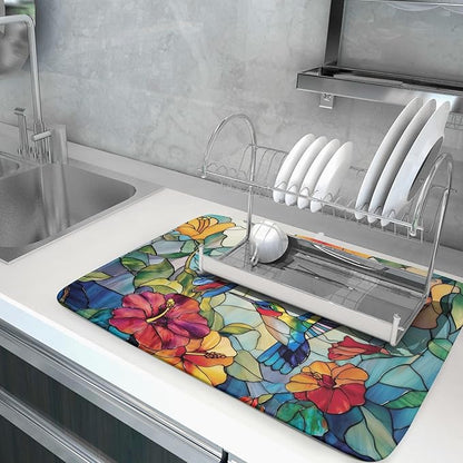 Spring Summer Dish Drying Mat for Kitchen Counter Hummingbird Microfiber
