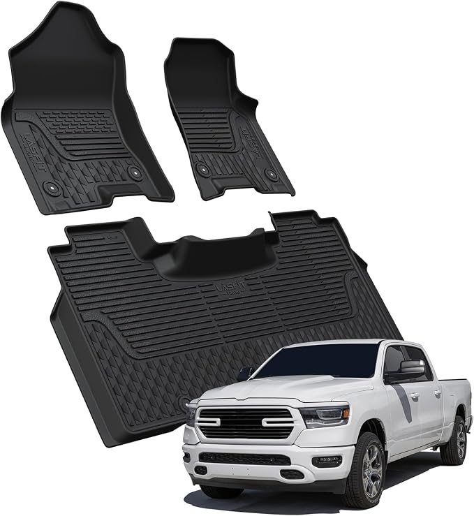 LASFIT Floor Mats for Ram 1500 2019-2024 Crew Cab with Rear Under-Seat Storage Bucket Seat (NOT Fit for Classic Model), 4 Full Size Doors All Weather TPE Custom Fit 1st & 2nd Row, Black