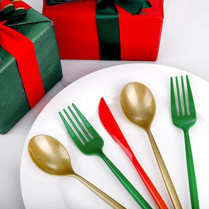 Rubtlamp 180Pcs Christmas Plastic Silverware, Heavy Duty Plastic Utensils, Party Disposable Flatware, Plastic Cutlery Sets Include 60 Green Forks, 60 Brown Gold Plastic Spoons, 60 Red Knives