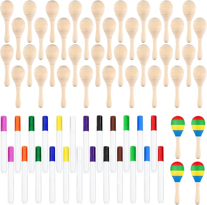 40Pcs DIY Wooden Maracas for Kids, Mini Maracas for Mexican Fiesta Party Favors with 24Pcs Multicolor Pens, Cinco De Mayo Party Supplies