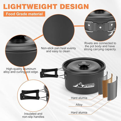 WADEO Camping Cookware Mess Kit with 7200W Camping Stove, 14PCS Non-Stick Camping Pot Pan Set with Stainless Steel Fork Knive Spoon for Camping Backpacking Hiking Outdoor Cooking and Picnic