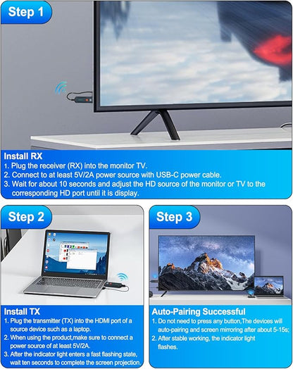 2026 Upgraded Wireless HDMI Transmitter and Receiver 328FT/100M, Plug & Play
