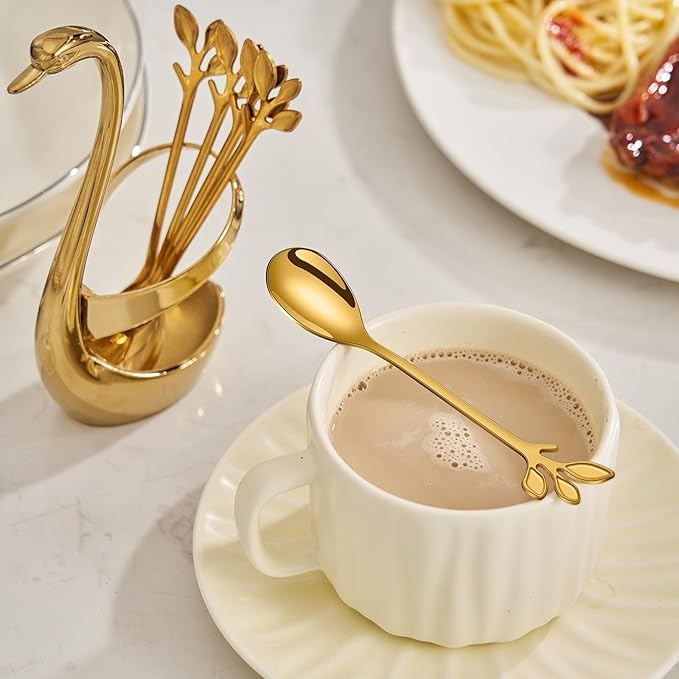 AnSaw Gold Small Coffee Spoon Holder Set, Swan Base
