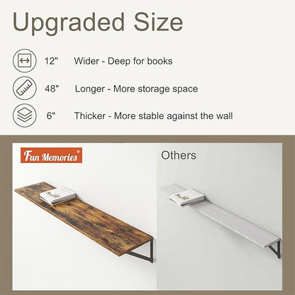 12 Inch Deep Floating Shelves, 48W x 12D Floating Shelves, Deep Wall Shelves