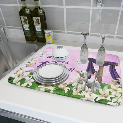 Giwawa Easter Purple Dish Drying Mat, He is Risen Cross Lamb Floral Dish