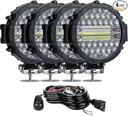 WINBANG 7 Inch Round LED Offroad Lights,201W LED Light Pods Driving Light Bar Combo Beam Work Lights with Wiring Harness for Pickup SUV ATV UTV Truck Lights,4PCS