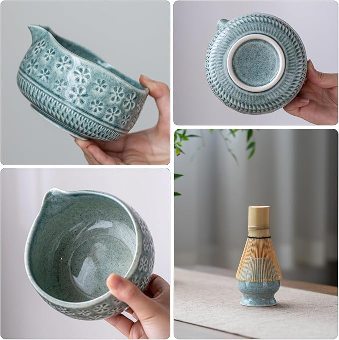 Matcha Whisk Set, Ceramic Matcha Kit Includes Matcha Bowl, Matcha Whisk and Holder, Bamboo Scoop, Scoop Rest, Sifter and Tea Towel - 7 Pcs Matcha Kit for Matcha Lovers (Blue)