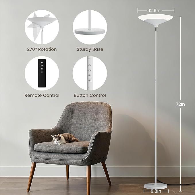 SIBRILLE White Torchiere Floor Lamp - 30W Dimmable LED Standing Lamp