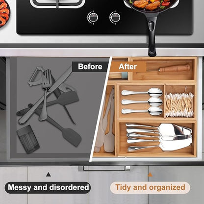 Bamboo Drawer Organizer 5 Pcs for Kitchen Multi-purpose Storage Dividers for