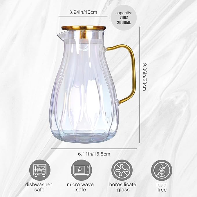 68 oz Glass Pitcher with Lid Water Pitcher with Handle and Spout Heat Resistant