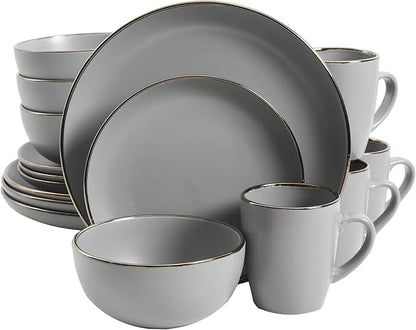 Gibson Home Rockaway Round Dinnerware, Service for 4 (16pcs), Grey/Gold Rim