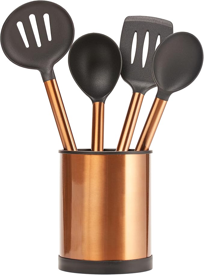 Servappetit 5 Pc Cooking Utensil Set - Slotted Spatula, Oval Spoon, Round Spoon with Holder - Heat Resistant, Non-Stick - Copper