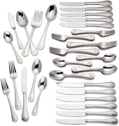 Lenox Silverware Set For 12, French Perle 65-Piece Flatware Set with Serving Utensils, Service For 12, Elegant 18/10 Stainless Steel Utensils with Beading, Knives Spoons & Forks (Silver, 65 Piece)