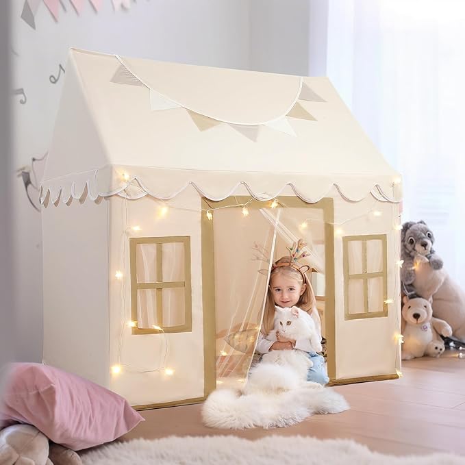 Kids Play Tent with Non-Slip Mat, Star String, Decorating Flag, Machine Washable Large Playhouse, Indoor and Outdoor Play Tent for Kids, Cream, 47" x 40" x 52"