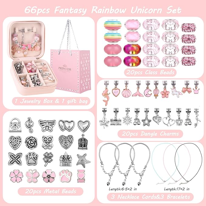 UFU Charm Bracelet Making Kit Girls Beads for Jewelry Making Kit, Unicorns Arts Crafts Gifts Set for Teen Girls Age 5 6 7 8-12, with a Portable Bracelet Organizer Box