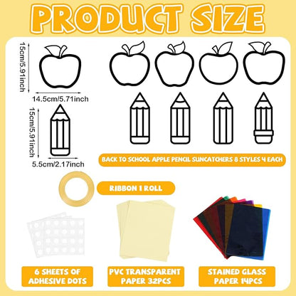 32 Sets Back to School Apple Pencil Suncatchers Craft Kit DIY Window Stained Glass Effect First Day of School Paper Craft Home Classroom Decoration Kid Birthday Gift Creative Art Project Activity Game