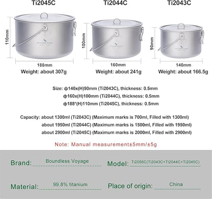iBasingo 3-Piece Titanium Pot Set (1.3L+1.95L+2.9L) with Lids Ultralight Camping Cookware for Backpacking, Hiking & Outdoor Cooking, Nesting Backpacker Pots with Measurement Marks Ti2056C