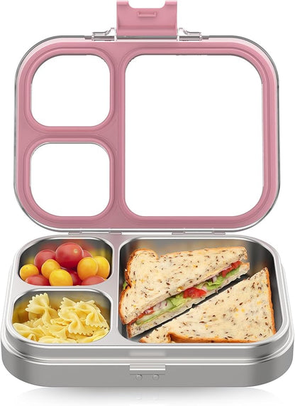 Stainless Steel Lunch Box, 3 Compartments Metal Bento Box for Kids Adults, Leak-Proof Lunch Box for School Office, Dishwasher Safe, BPA-Free, Tritan Lid, Pink