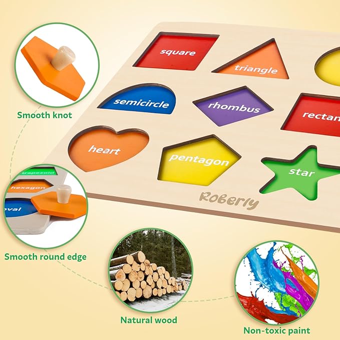 Roberly Shape Wooden Puzzles for Toddlers, Toys Peg Puzzle Geometric Color Matching Board for Girls Boys 36 Months Preschool Learning Educational Toys Birthday Gifts
