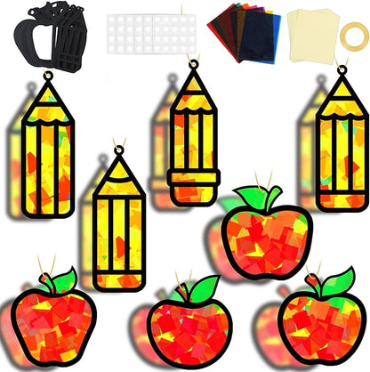 32 Sets Back to School Apple Pencil Suncatchers Craft Kit DIY Window Stained Glass Effect First Day of School Paper Craft Home Classroom Decoration Kid Birthday Gift Creative Art Project Activity Game