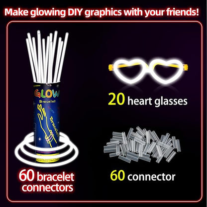 60 Pack 8??White Glow Sticks Bulk Bright Glow Sticks with 60 Connectors 20 Heart Glasses Glow In The Dark Party Supplies Neon Party Decorations Glow Bracelet Glasses for Carnival(White)