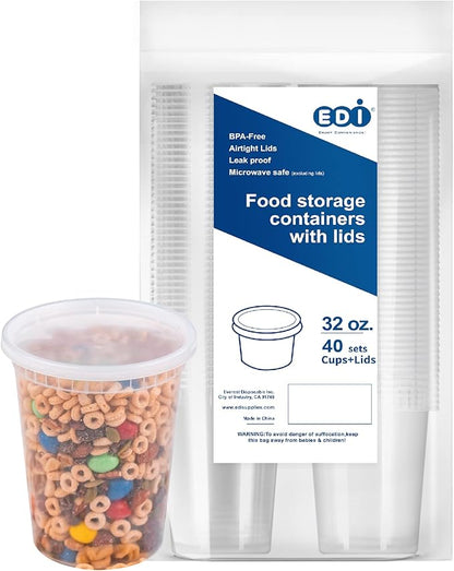 EDI [32 OZ, 40 Sets] Plastic Deli Food Storage Containers with Airtight Lids | Microwave-, Freezer-, Dishwasher-Safe | BPA Free | Heavy-Duty | Meal Prep | Leakproof | Recyclable