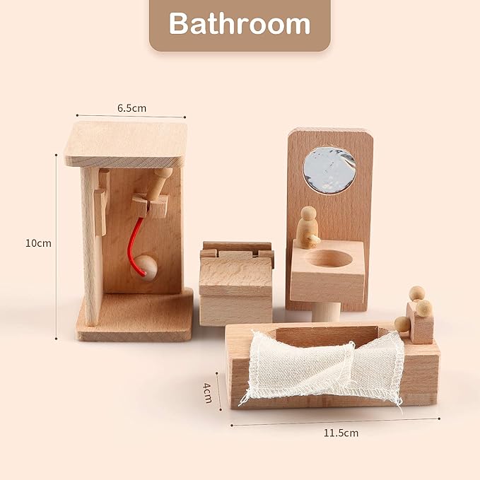 5 Set Dollhouse Furniture Accessories Wooden Bathroom/Living Room/Dining Room/Bedroom/Kitchen House 6 Family Doll Decoration Pretend Play Kids Christmas Birthday Gifts for Girls Toys 40 Pcs