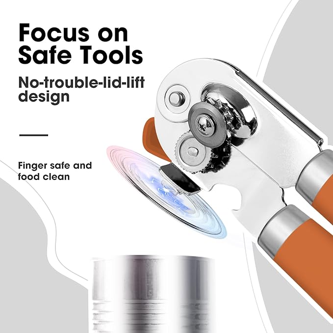 Beneno Heavy Duty Hand Can Opener Manual with Magnet, Durable Sharp Carbon Steel Blade Smooth Cutting, Big Effort-Saving Knob, Soft Grip Handle, Multifunctional Kitchen Tool with Bottle Opener, Orange