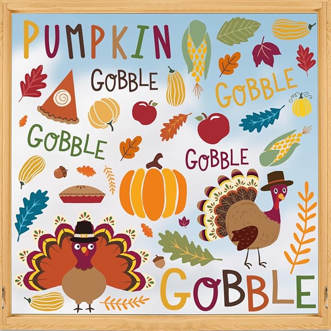 Horaldaily 125 PCS Fall Window Cling Sticker, Thanksgiving Autumn Harvest Colorful Leaf Pumpkin Turkey for Home Party Supplies Shop Window Glass Display Decoration