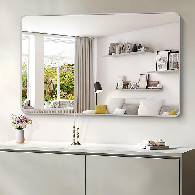 55x36 Inch Silver Bathroom Mirror, Large Rectangular Vanity Mirror, Metal