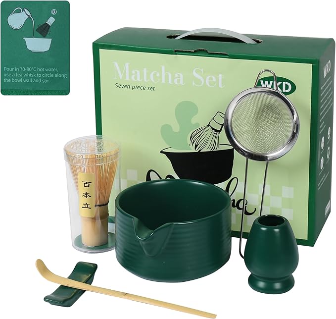 Matcha Whisk Set,Matcha Making Set with Dark Green Bowl,Matcha Whisk Holder, Stainless Sifter & Scoop, Tea Towel,Traditional Matcha Tea Set for Ceremony,Dark Green,7Pcs