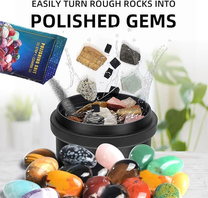 Rock Tumbler Kit Adults - Rock Polisher Tumbler with Noise Reduction Cover, Speed&Timer Control, Includes 4 Polishing Grits, Rough Gemstones, Learning Guide etc., Great Science Gift for All Ages