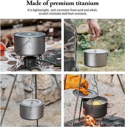 Boundless Voyage Titanium Hanging Pot for Outdoor Camping Backpacking Hiking Ultralight Portable Cooking Pot Camp Kitchen Cookware 1300ML/1950ML/2900ML