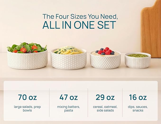 KooK Serving Bowls, with Lids, Ceramic Nesting Bowls, Microwave and Dishwasher