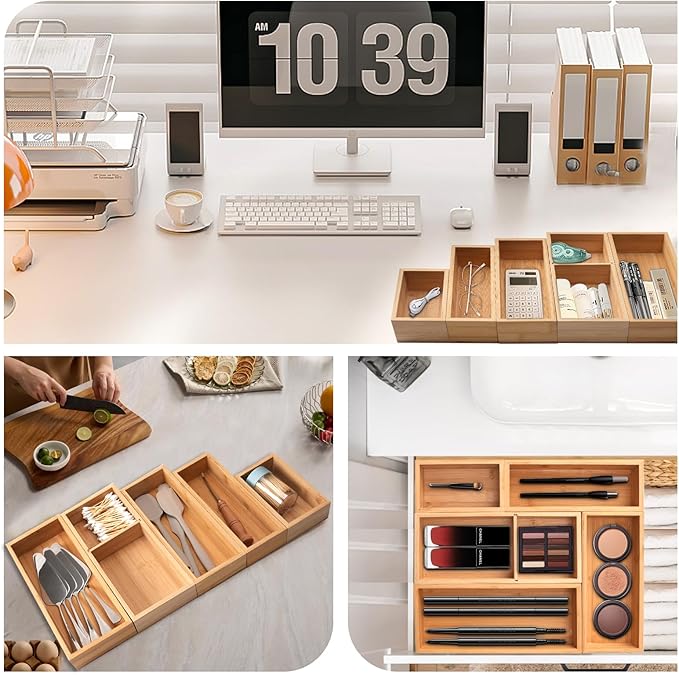 Bamboo Drawer Organizer 5 Pcs for Kitchen Multi-purpose Storage Dividers for