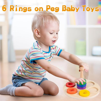Adena Montessori Wooden Stacking and Sorting Ring,Wooden 6 Rings on Peg,Wooden Rainbow Stacking Rings Baby Toy, Stacker Toys for Infants and Toddlers,Wood Educational Developmental Toy Multicolor