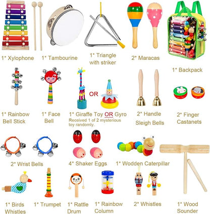 Kids Musical Instruments, 33Pcs 18 Types Wooden Percussion Instruments Tambourine Xylophone Toys for Kids Children, Preschool Education Early Learning Musical Toy for Boys and Girls