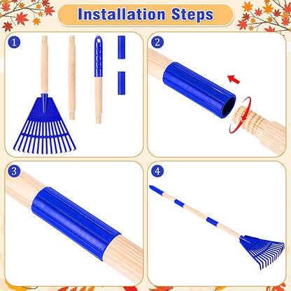 2 Pcs 35'' Kids Rakes for Leaves - Plastic Rake Head with 2 Pairs Kids Gloves, Small Kids Lawn Rakes Detachable Wooden Handle, Autumn Garden Tool Set for Kids Boys and Girls, Red & Blue, 3yr+