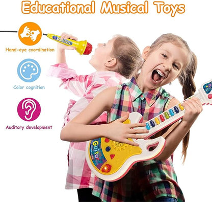 Toddler Guitar, Baby Musical Toys for Toddlers, Montessori Toys for 2 3 4 Year Old Boys Girls Pretend Play Gifts - Kids Guitar with Microphone & Piano Set Present for 1st First Birthday Christmas