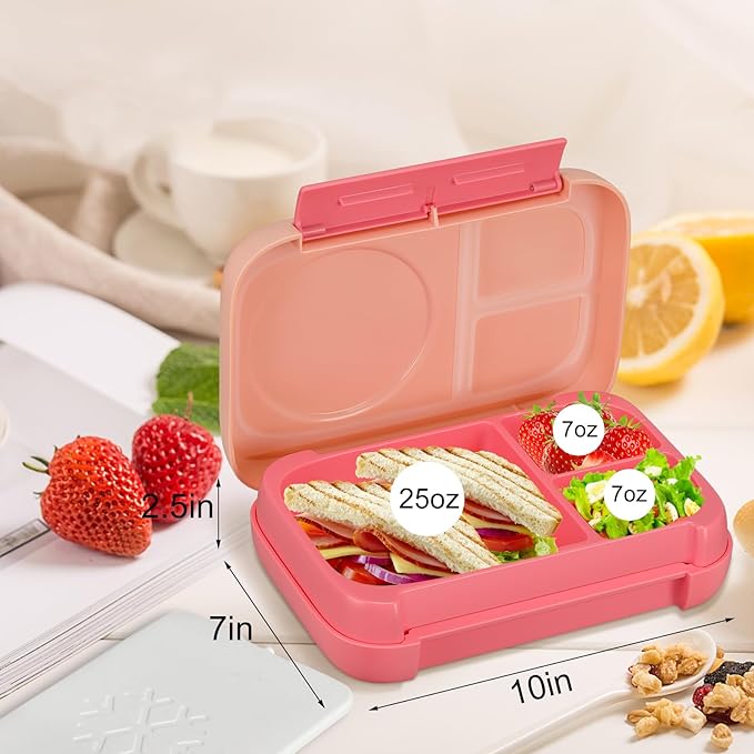 Bento Box for Kids,Kids Bento Lunch Box with Built-in Ice Pack for School,3 Compartments Leak Proof Lunch Container with Utensils for Girl Boy;BPA Free,Microwave & Dishwasher Safe, 44oz(Pink)