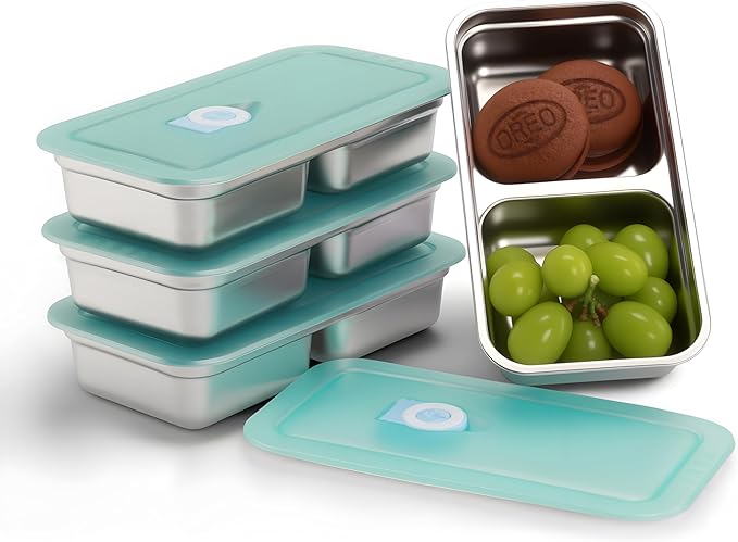 Stainless Steel Snack Containers for Kids and Adults [2/4/6-Pack Set] Reusable Food Storage Container Set with Lids-2 Compartment Bento Box for Lunch, Travel, Meal Prep- Leakproof & Dishwasher Safe(4)