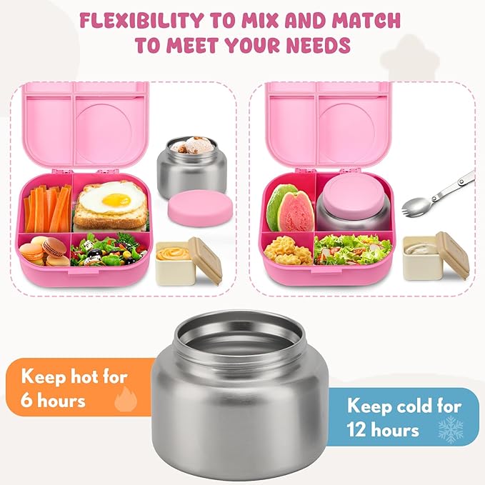 Bento Lunch Box with 12oz Soup Thermo,4 Compartments Lunch Box Containers, Spoon&Sauce Jar, BPA Free&Leak proof,Insulated Food Jar for Travel(Pink)
