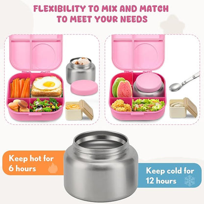 Bento Lunch Box with 12oz Soup Thermo,4 Compartments Lunch Box Containers, Spoon&Sauce Jar, BPA Free&Leak proof,Insulated Food Jar for Travel(Pink)