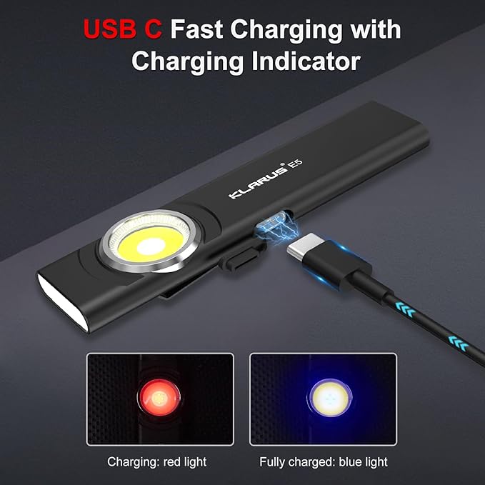 klarus E5 2Pcs Pocket Flashlight, Rechargeable EDC Flashlight, Super Slim 4.2x1x0.3inch, 600 Lumens, USB-C Port, IPX4, Dual Light Source with Magnetic Base, Hat & Clothes Clip (Black 2Pcs)