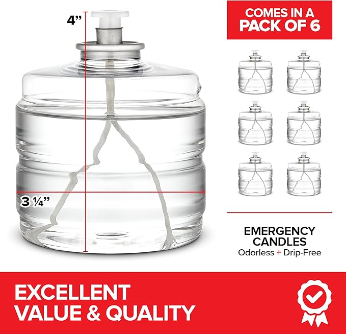 100 Hour Candle Pack of 6, Emergency Candles for Power Outages, Hurricane Storm Survival, and Camping, Liquid Long Burning Candles, Bulk Emergency Candle Supplies