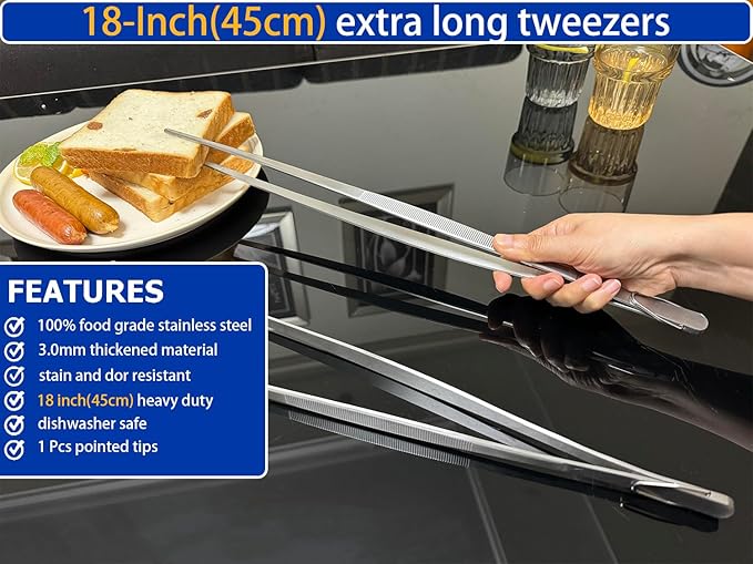 JETKONG 18 Inch (45cm) Extra Long Grill Tongs, Heavy Duty Stainless Steel Tweezer Tongs for Cooking, Grilling, Barbecue/BBQ, Buffet and Turning Food (Point Tips)