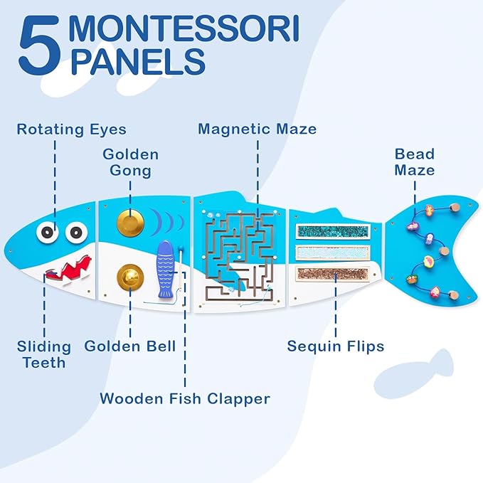 Monläurd® Shark Montessori Busy Board, Sensory Board, Educational Toys, Sensory Wall Panel, Wall Toys, Daycare Furniture, Playroom Furniture, Learning Toys, Boys and Girls 6 M+