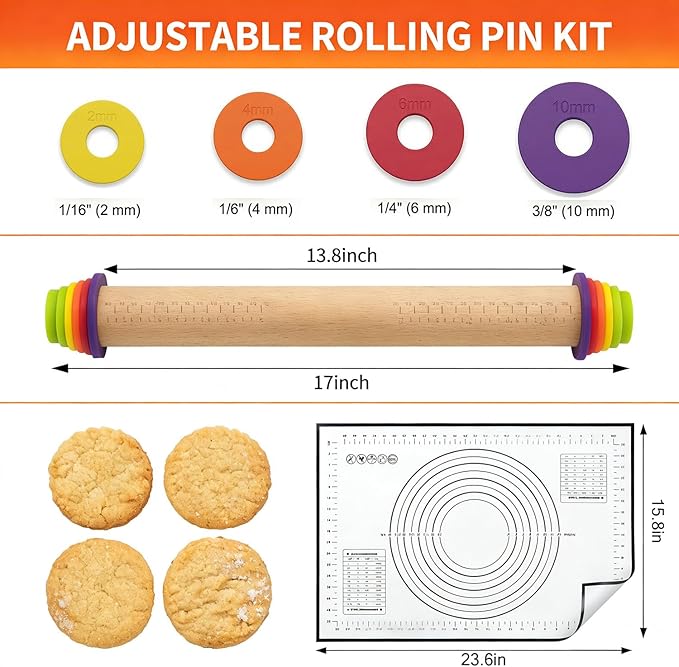 Rolling Pin With Thickness Rings, Adjustable Wooden Rolling Pin Set, 17 inch
