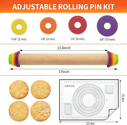 Rolling Pin With Thickness Rings, Adjustable Wooden Rolling Pin Set, 17 inch