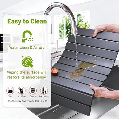 Large Stone Dish Drying Mat for Kitchen Counter, Foldable Diatomaceous Earth